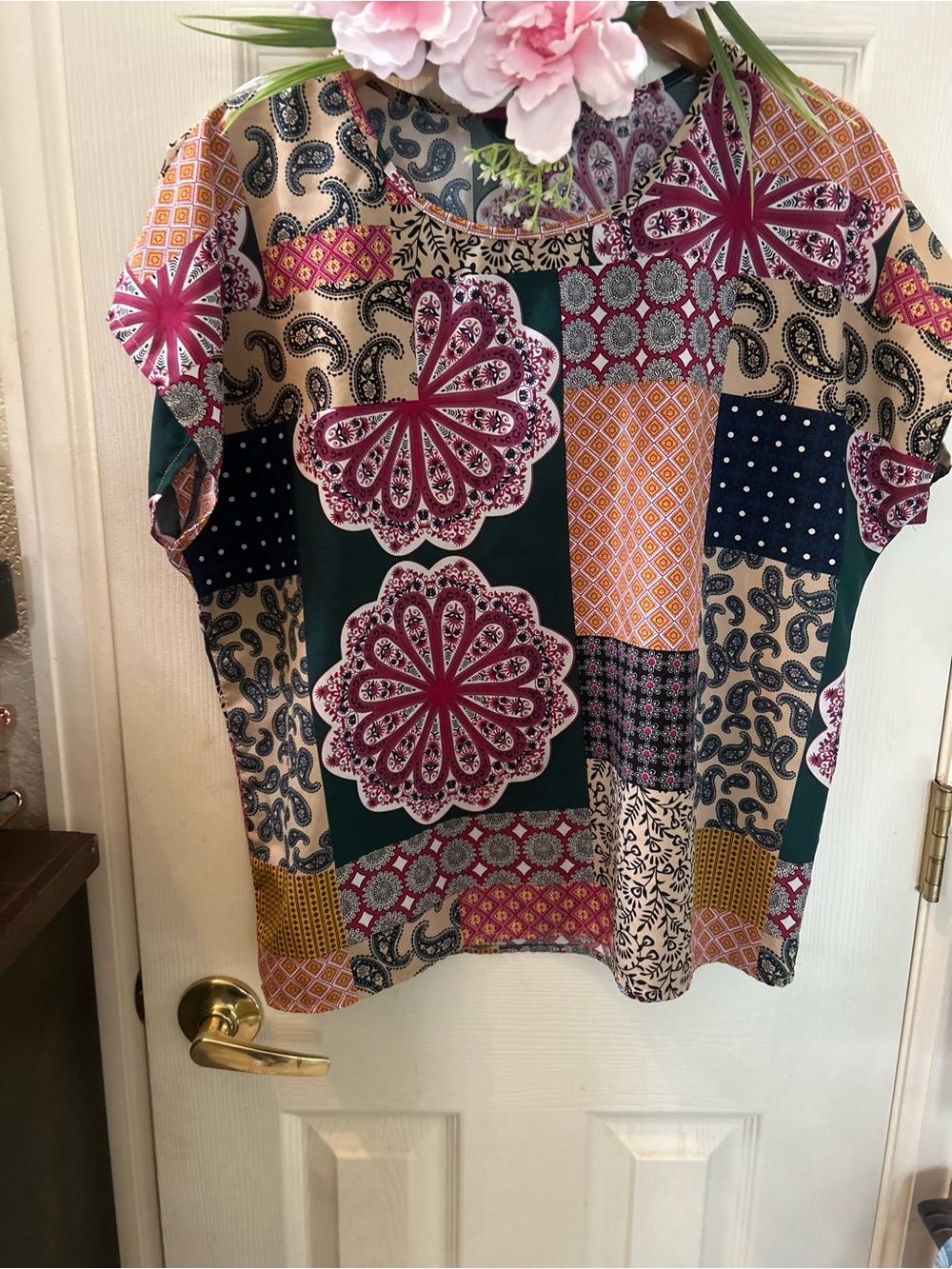 SHEIN Patchwork Floral-Print Crop Top in Green, Pink & Cream size Large.